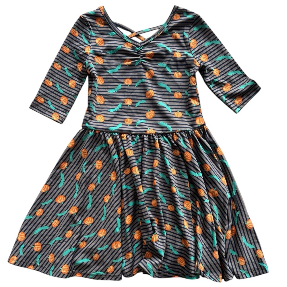 Dot Dot Smile Striped Pumpkin & Bats Halloween Ballerina Dress
